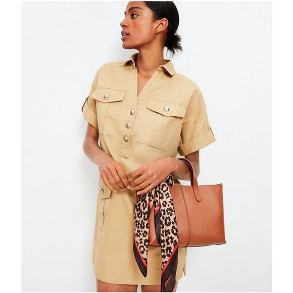 Loft Women's Small tan Twill Patch Pocket pull over Mini Dress new with tag fall - Picture 1 of 6